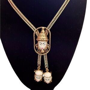 Selro Selini Asian Princess Faces Lariat Necklace, Gold-Tone, Vintage, S…
